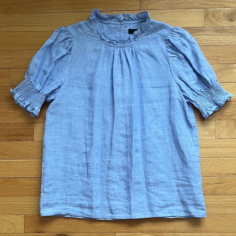 J. Crew Smocked Puffed Sleeve Linen Blouse Shirt